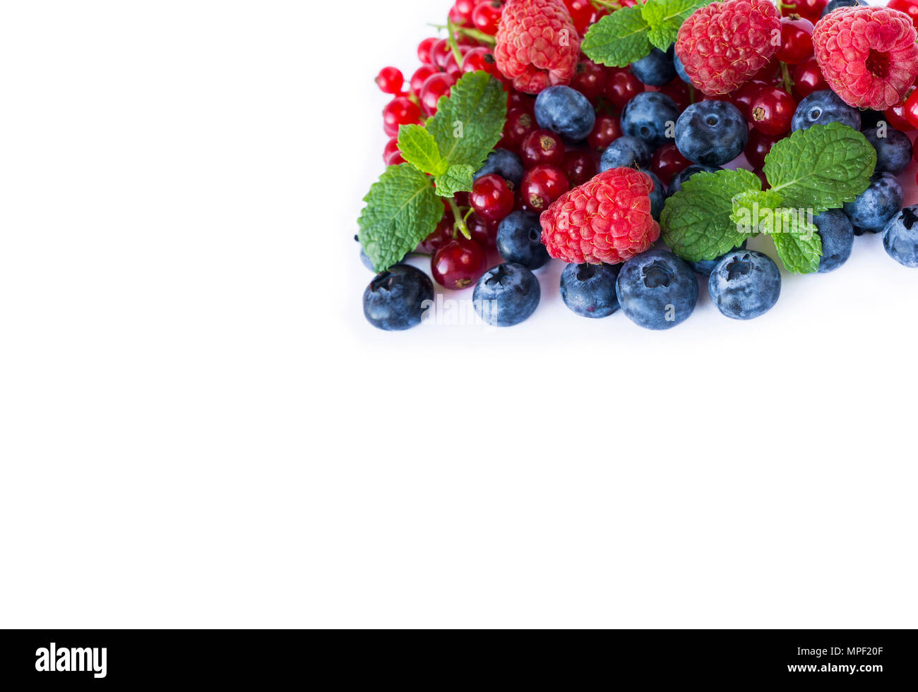 Rosso-blu del cibo su un bianco. Mature mirtilli, ribes rosso, di lamponi con menta su uno sfondo bianco. Di frutti di bosco misti copia con spazio per il testo. Rosso e Foto Stock