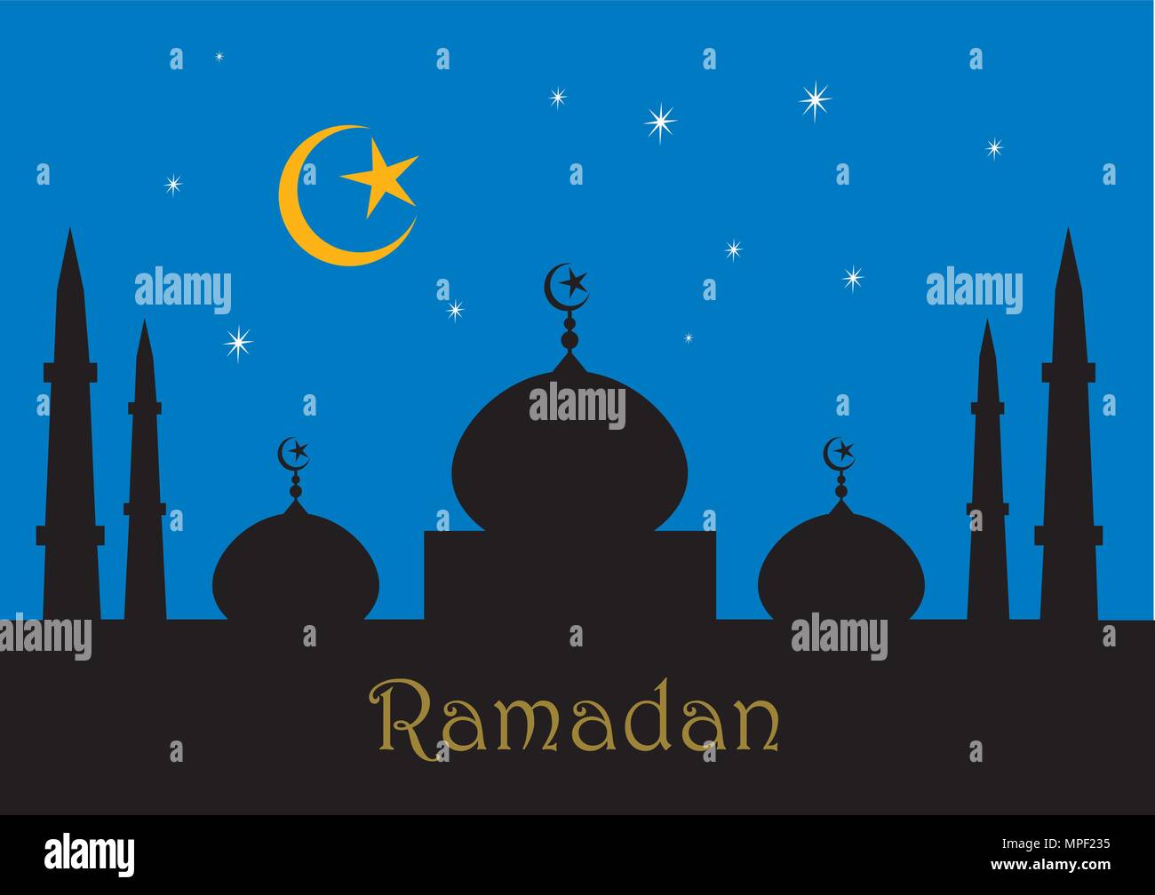 Il Ramadan kareem saluto illustrazione con i minareti e le moschee in silhouette contro una notte blu cielo con le stelle Illustrazione Vettoriale