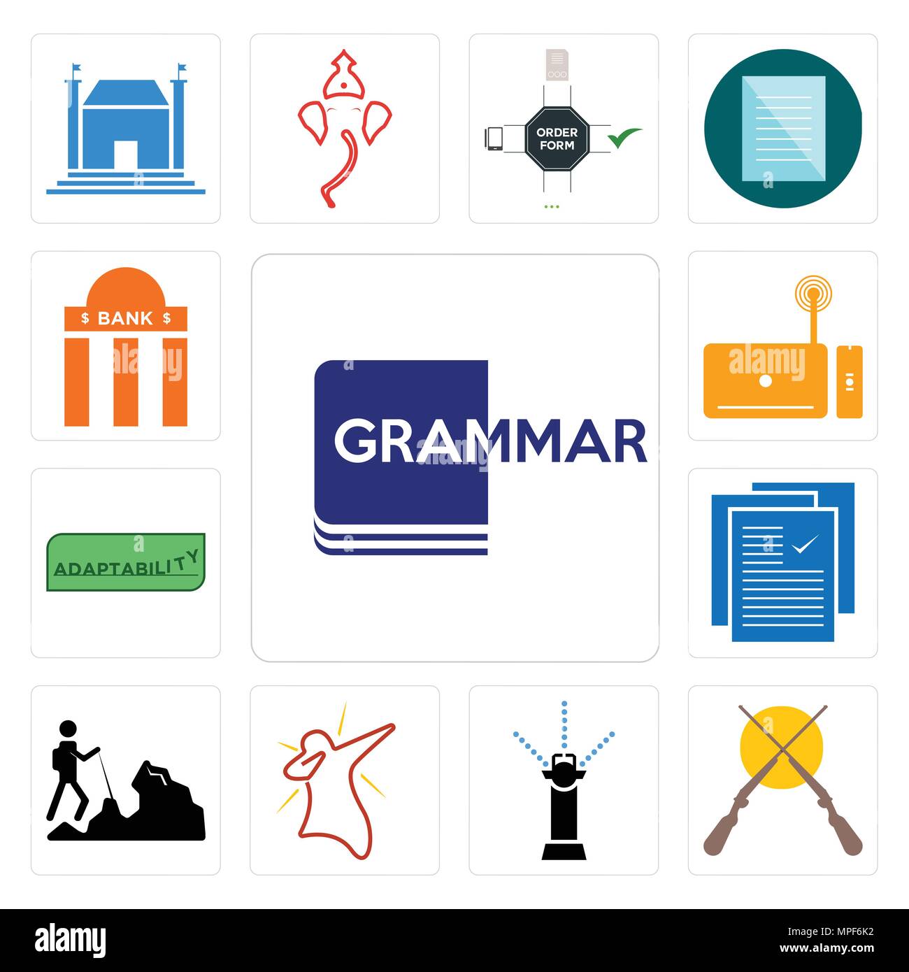 Set di 13 semplici icone modificabile come la grammatica, fucile, sprinkler, dab, escursionista specifica, adattabilità, set top box, filiale di banca può essere utilizzata per Illustrazione Vettoriale