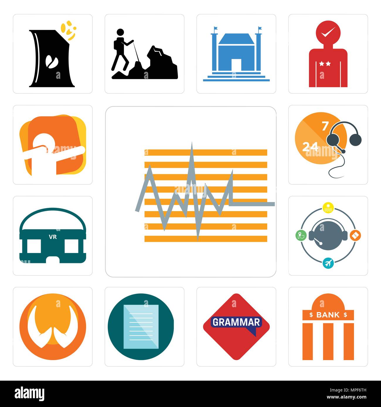 Set di 13 semplici icone modificabile come tracker, filiale di banca, grammatica specifica, mani piegate, agente di viaggio, vr auricolare, supporto live, dab può essere Illustrazione Vettoriale