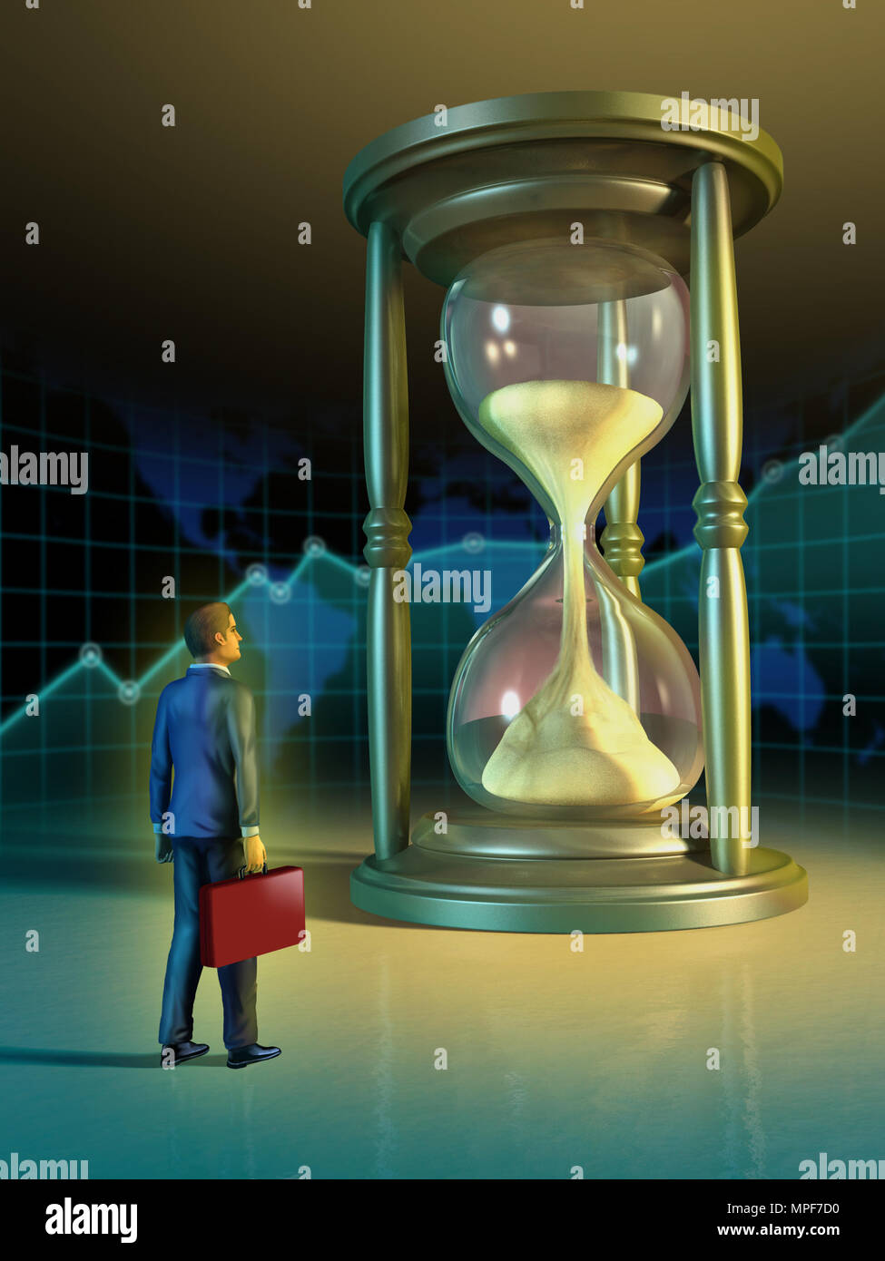 Uomo d'affari alla ricerca di una clessidra gigante. Illustrazione Digitale. Foto Stock