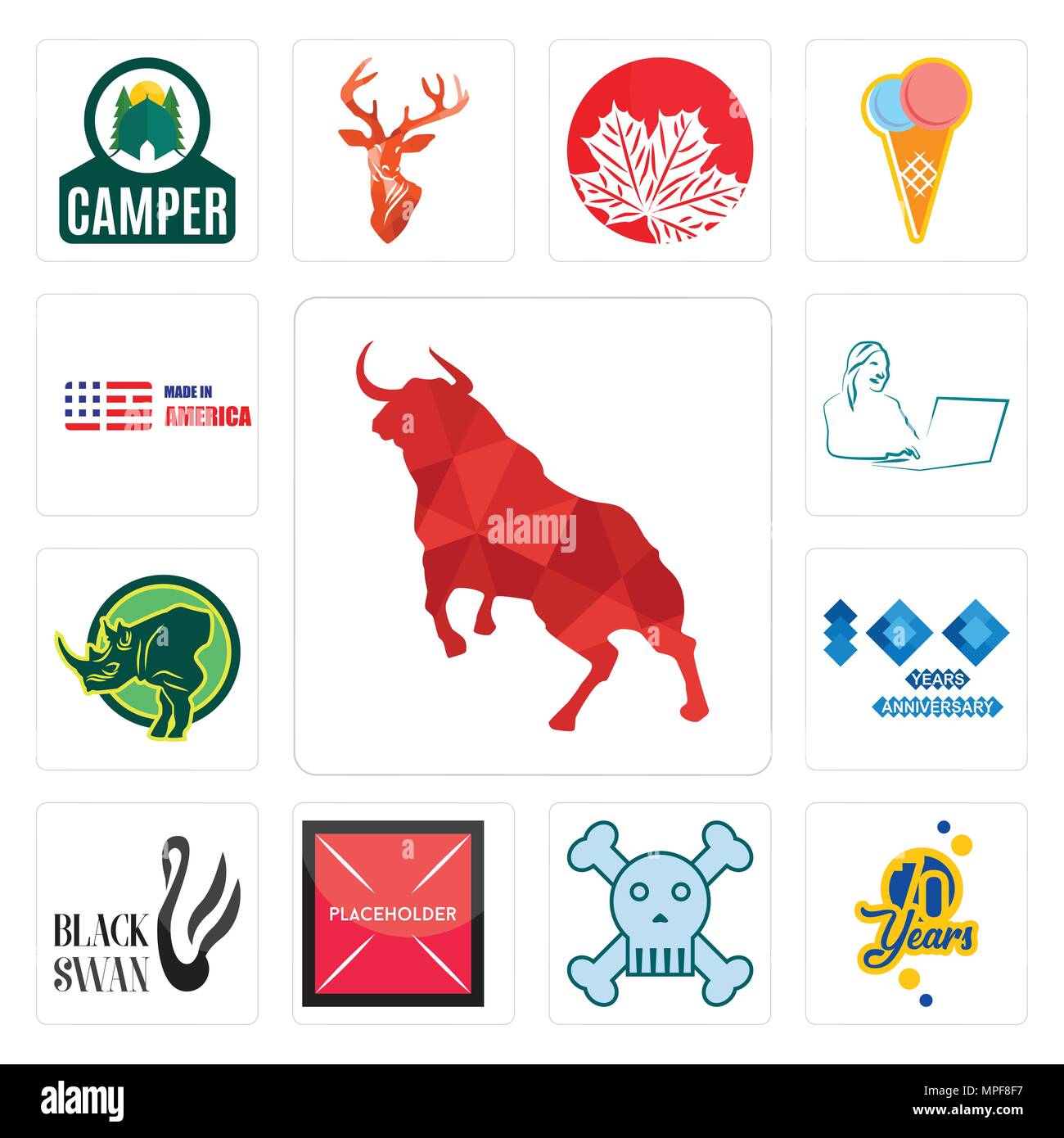 Set di 13 semplici icone modificabili quali bull, 70 anni, Teschio e Ossa Croce, segnaposto, Black Swan, 100° anniversario, Rhino, segretario, realizzata in Illustrazione Vettoriale