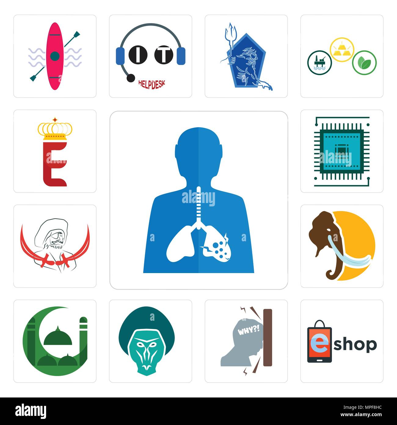 Set di infiammazione, eshop, frustrazione, babbuino, masjid, mammut, pirata, sem, e icone di corona Illustrazione Vettoriale