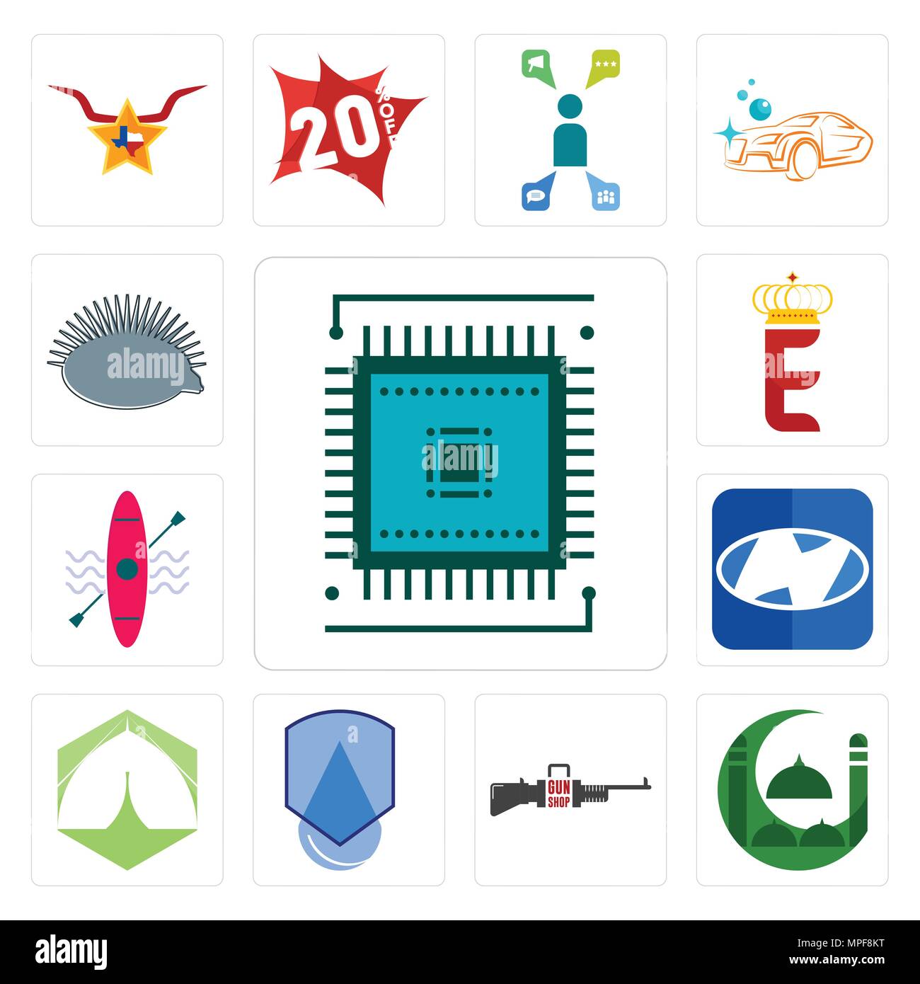 Set di sem, masjid, gun shop, impermeabile, marquee, h, kayak, e corona, icone hedgehog Illustrazione Vettoriale