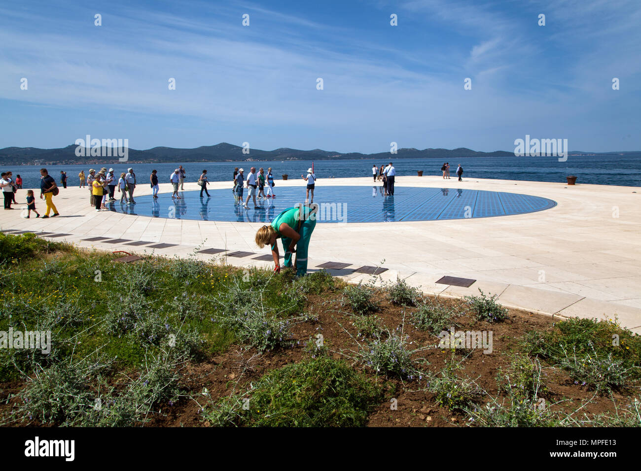 Donna giardiniere lavora in mare giardini pubblici presso il porto di Zadar croazia sulla costa adriatica di fronte al monumento a Sun Foto Stock