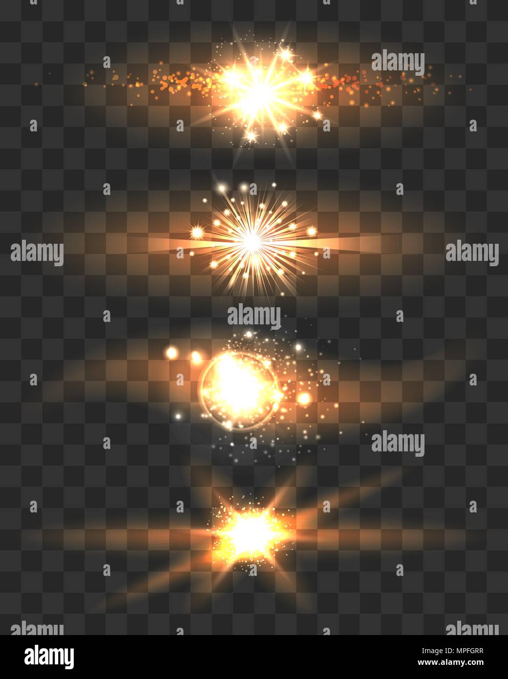 Golden Stars con candelette di effetti di luce su sfondo trasparente. Illustrazione Vettoriale. Illustrazione Vettoriale