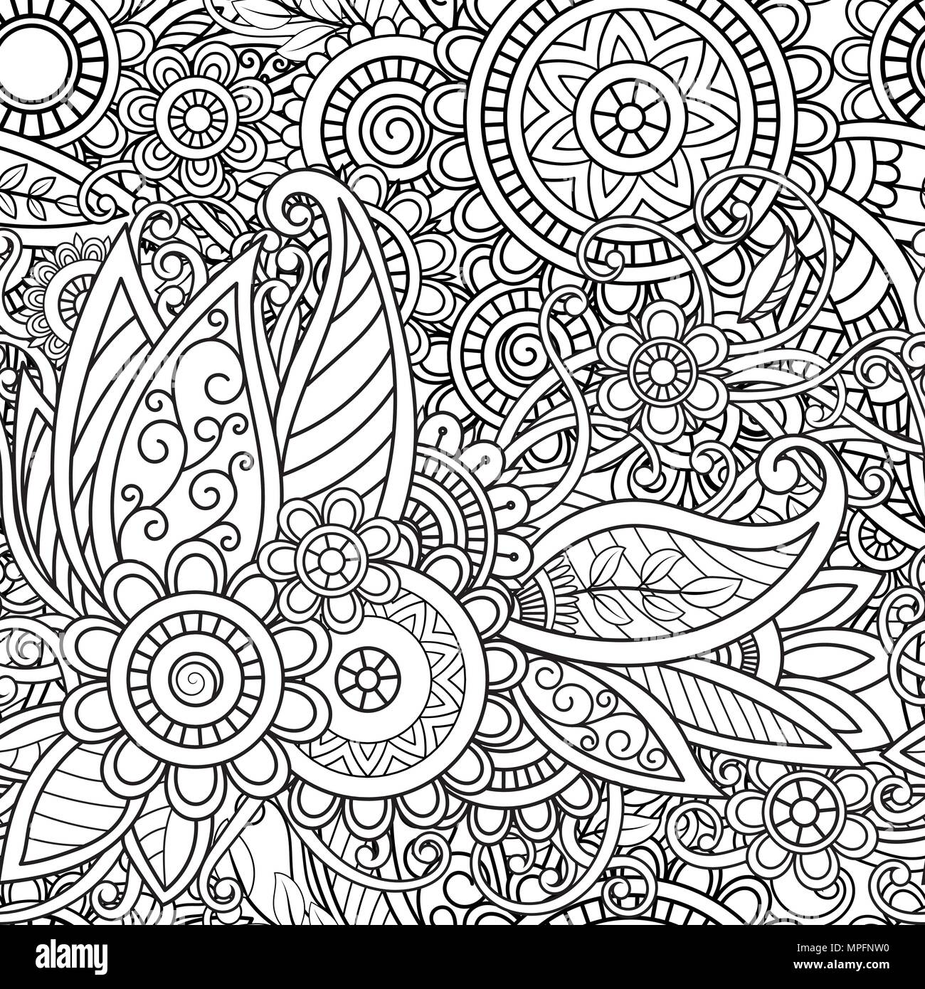 Etnica pattern senza soluzione di continuità con i mandala, fiori e foglie. Doodle floreale in bianco e nero ornamento. Perfetto per la carta da parati, adulti libri da colorare, pagina web background e texture di superficie. Illustrazione Vettoriale
