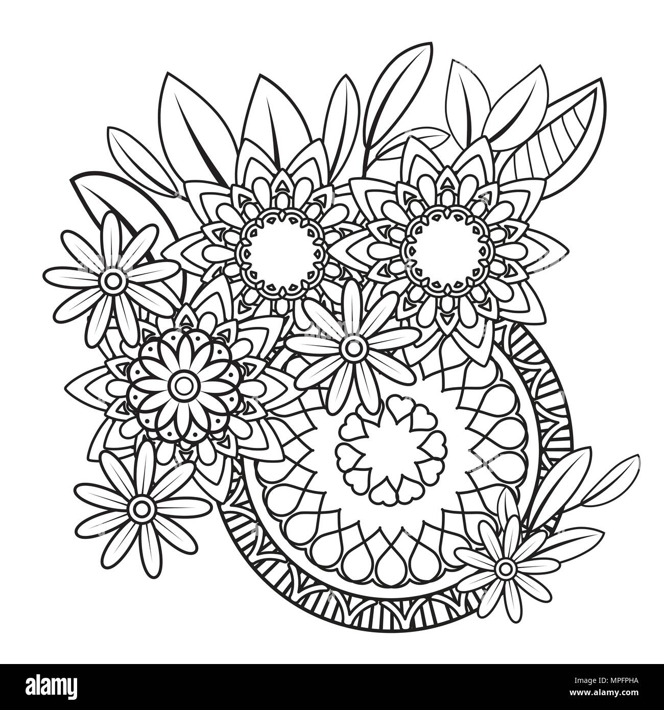 Mandala floreali pattern in bianco e nero. Adulto libro da colorare pagina con i fiori e i mandala. Modello di orientali, vintage di elementi decorativi. . Disegnato a mano illustrazione vettoriale Illustrazione Vettoriale