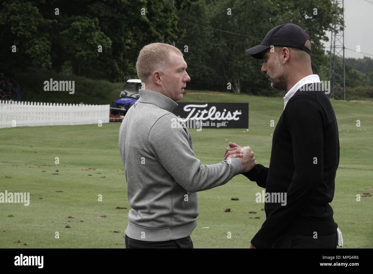 23 Maggio, 2018 Pep Guardiola, Manchester City football club pullman, gioca a golf presso la BMW/PGA Championship di Wentworth, Surrey, Regno Unito Foto Stock