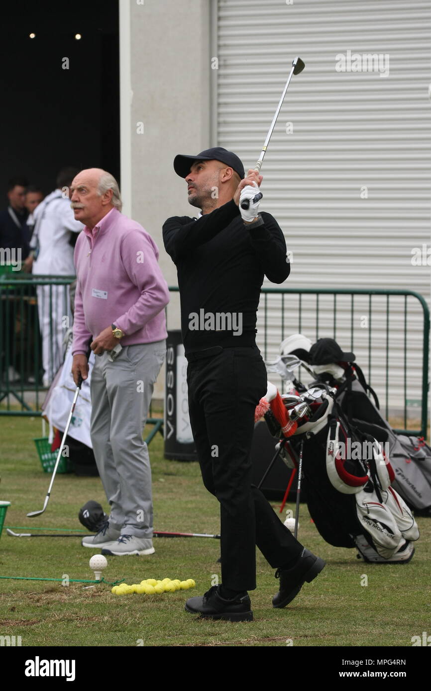 23 Maggio, 2018 Pep Guardiola, Manchester City football club pullman, gioca a golf presso la BMW/PGA Championship di Wentworth, Surrey, Regno Unito Foto Stock