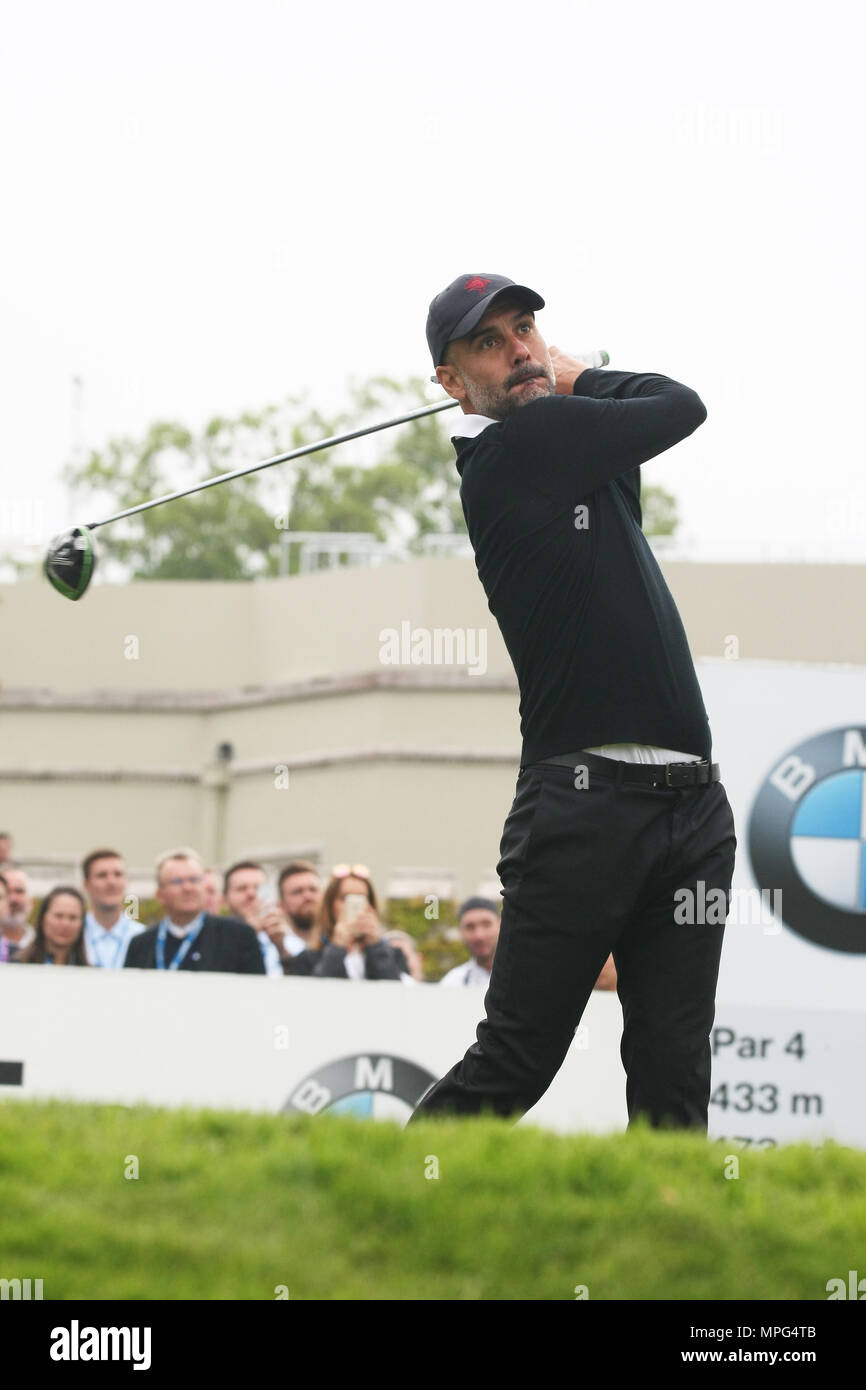 23 Maggio, 2018 Pep Guardiola, Manchester City football club pullman, unità off sul primo tee presso la BMW/PGA Championship ProAM di Wentworth, Surrey, Regno Unito Foto Stock