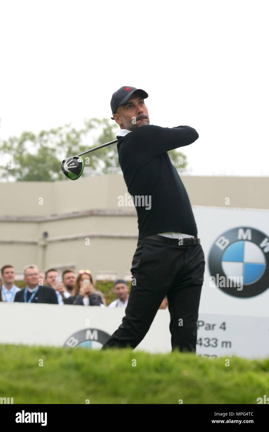 23 Maggio, 2018 Pep Guardiola, Manchester City football club pullman, unità off sul primo tee durante la BMW/PGA Championship Pro-Am di Wentworth, Surrey, Regno Unito Foto Stock