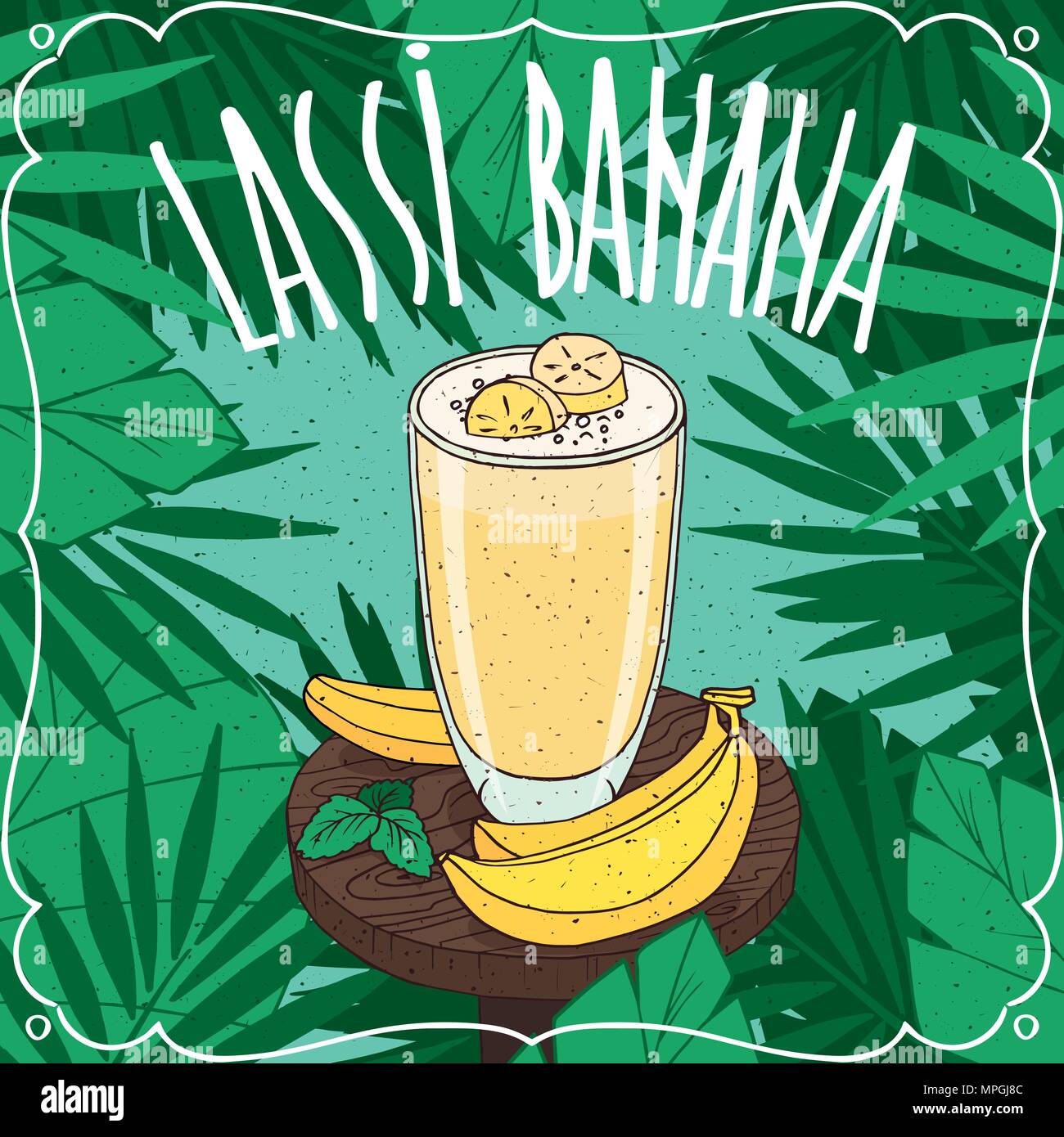 Banana Lassi, Indiano drink con succo di frutta fresco, sul tavolo di legno con maturi frutti interi. Sfondo naturale. Realistico disegnare a mano stile. Lettering Lassi Ba Illustrazione Vettoriale