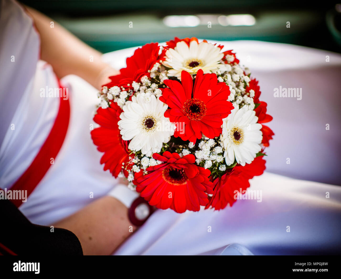 Bella rossa Bouquet nozze nelle mani della sposa. Wedding bouquet di gerbere  rosse gerbere Foto stock - Alamy