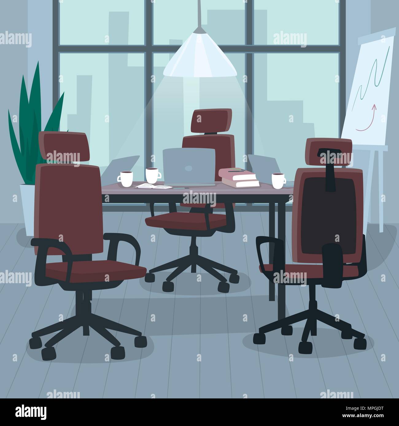 Ufficio vuoto senza i lavoratori nelle ore diurne. Apri area di lavoro per più dipendenti. Pausa pranzo concetto. Semplicistico realistico cartoon stile arte Illustrazione Vettoriale
