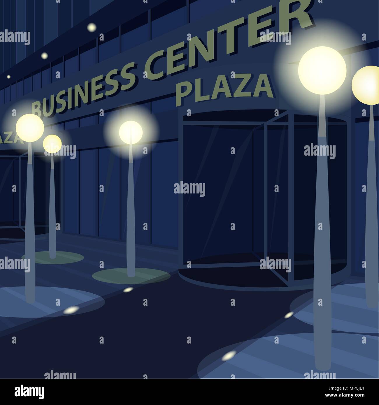 Esterno della facciata di office business center di notte, con pareti in vetro e porte, con iscrizione Plaza. Tre quarti di vista. Semplicistico com realistici Illustrazione Vettoriale