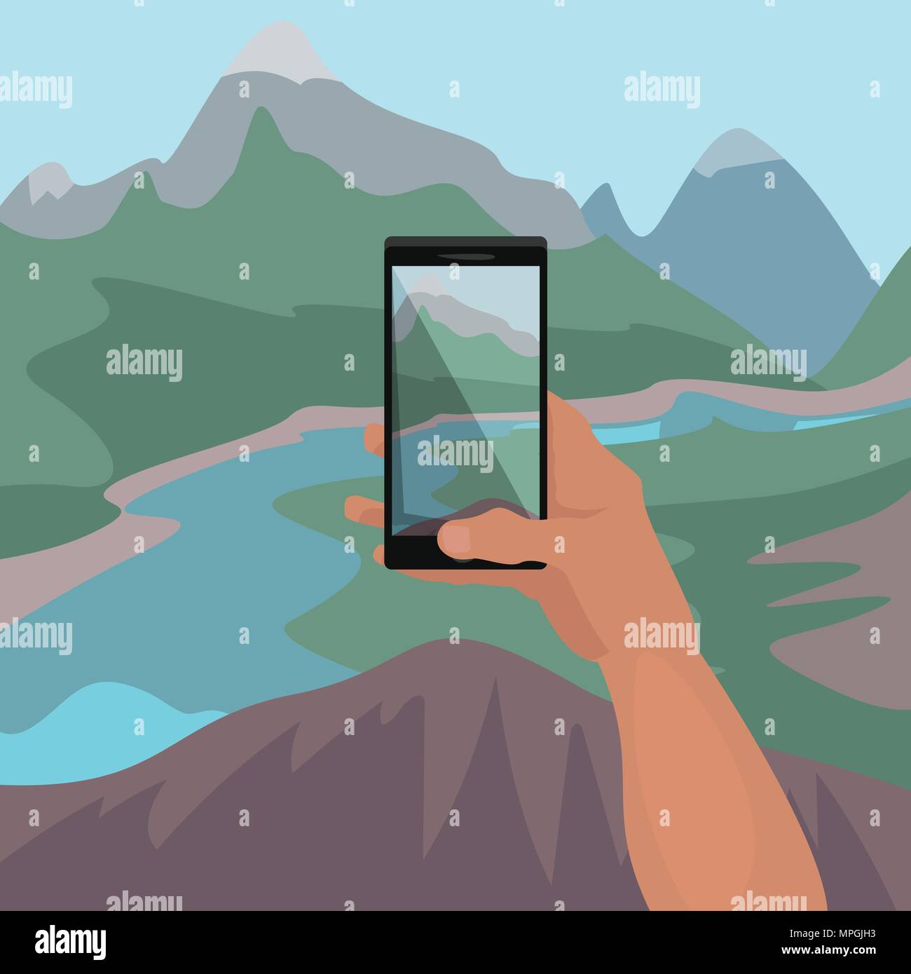 Mano di uomo viaggio fare foto di paesaggio su smartphone dal bordo della scogliera. Fotografare fiume di montagna in luogo pittoresco. Realistico semplificata Illustrazione Vettoriale