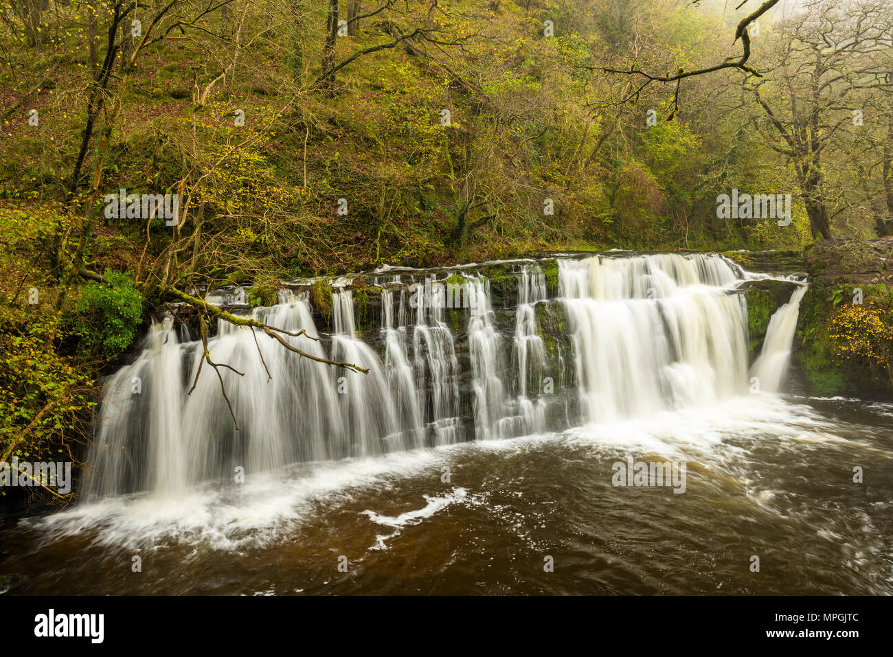 Sgwd y Pannwr (la cascata del Fuller) sul fiume Afon Mellte nel Parco nazionale Bannau Brycheiniog (Brecon Beacons) vicino a Ystradfellte, Powys, Galles. Foto Stock