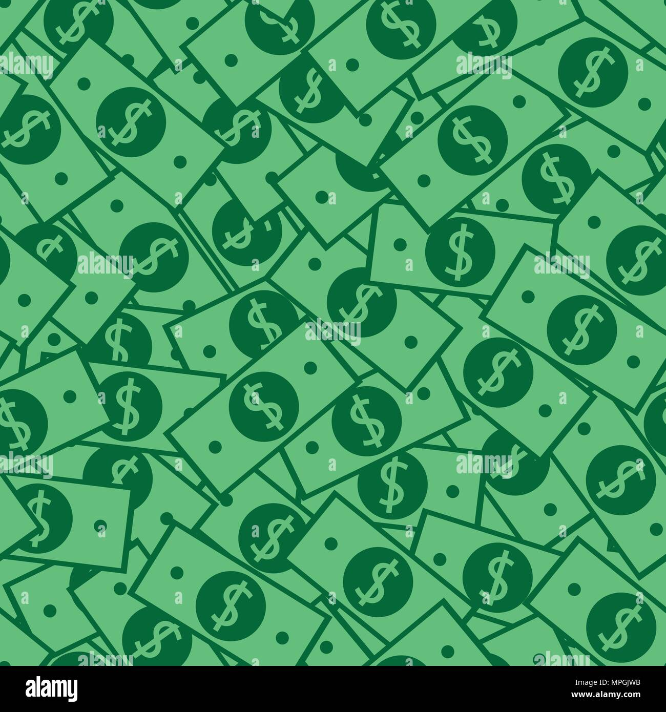 Seamless pattern di denaro con molti dollar cambio segni. Sfondo verde con banconote di carta in modo caotico. Piatto disegnare a mano stile Illustrazione Vettoriale