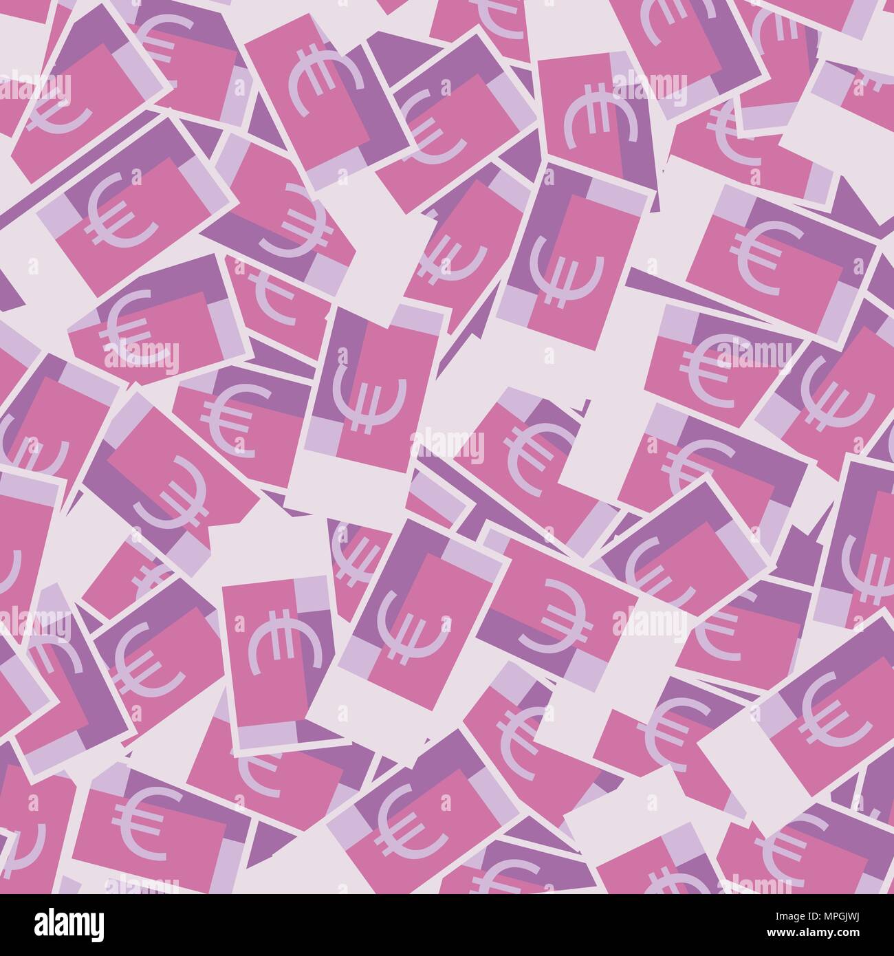 Seamless pattern di denaro con molti valuta euro segni. Sfondo rosa con banconote di carta in modo caotico. Piatto disegnare a mano stile Illustrazione Vettoriale