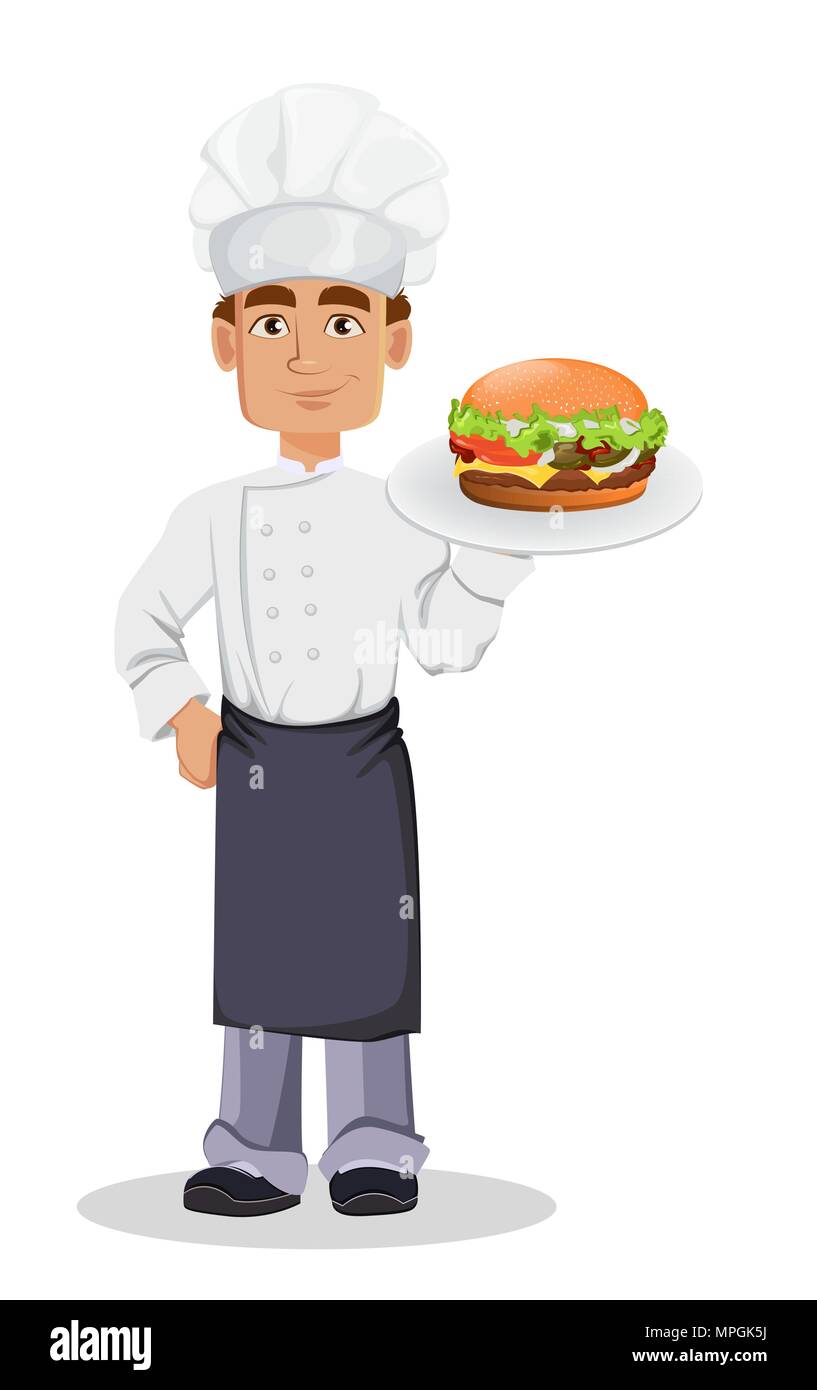Bello baker in professional uniforme e lo chef hat holding gustoso cheeseburger. Allegro personaggio dei fumetti. Illustrazione Vettoriale su sfondo bianco. Illustrazione Vettoriale