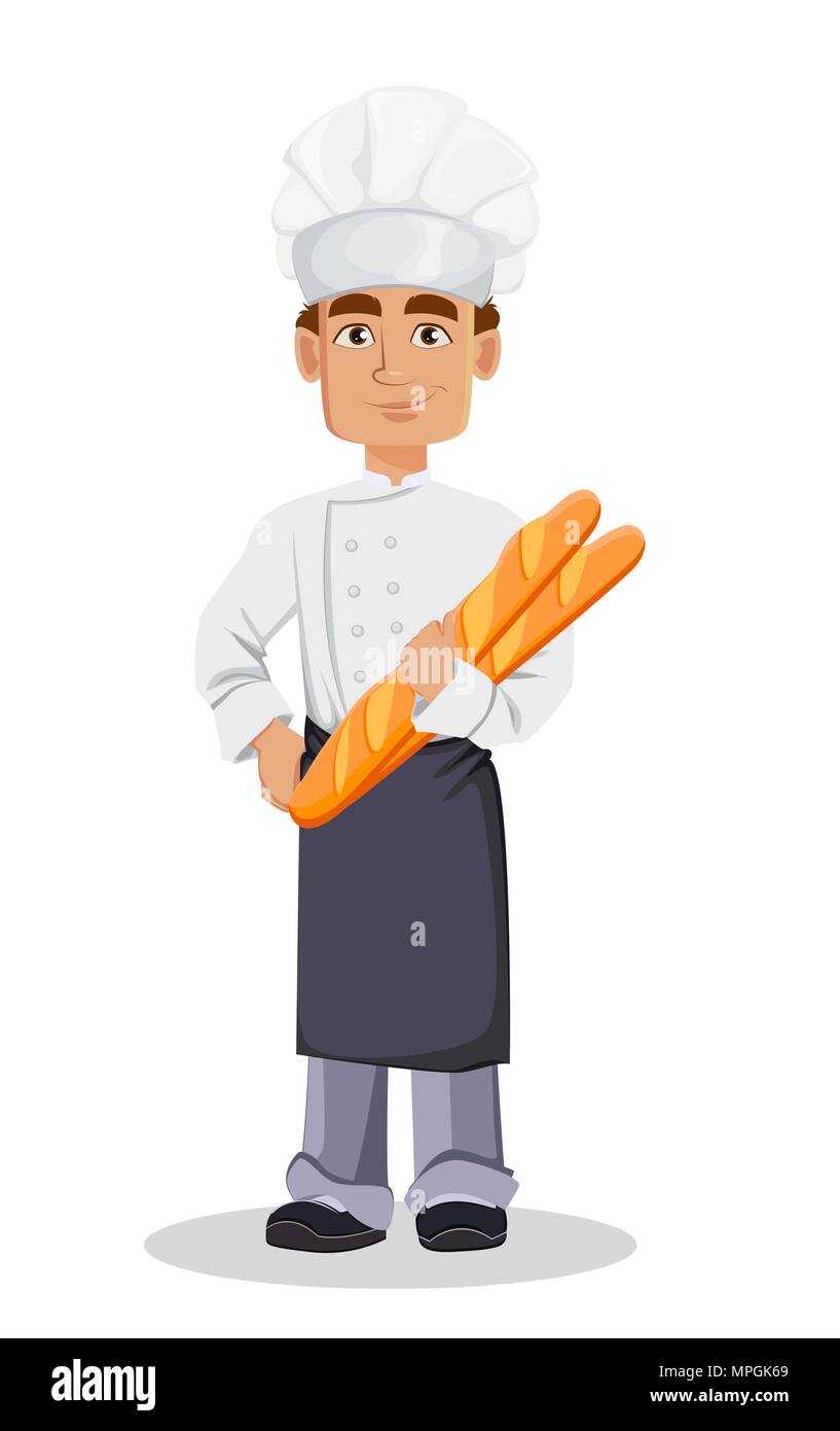 Bello baker in professional uniforme e lo chef hat holding baguette. Allegro personaggio dei fumetti. Illustrazione Vettoriale su sfondo bianco. Illustrazione Vettoriale