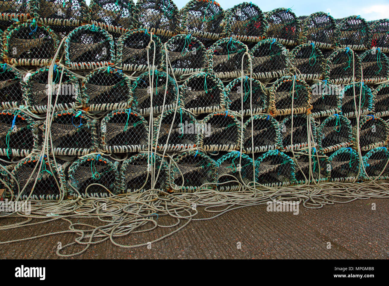 Aragosta o gamberi di fiume bicchieri impilati sulla barca da pesca Foto Stock