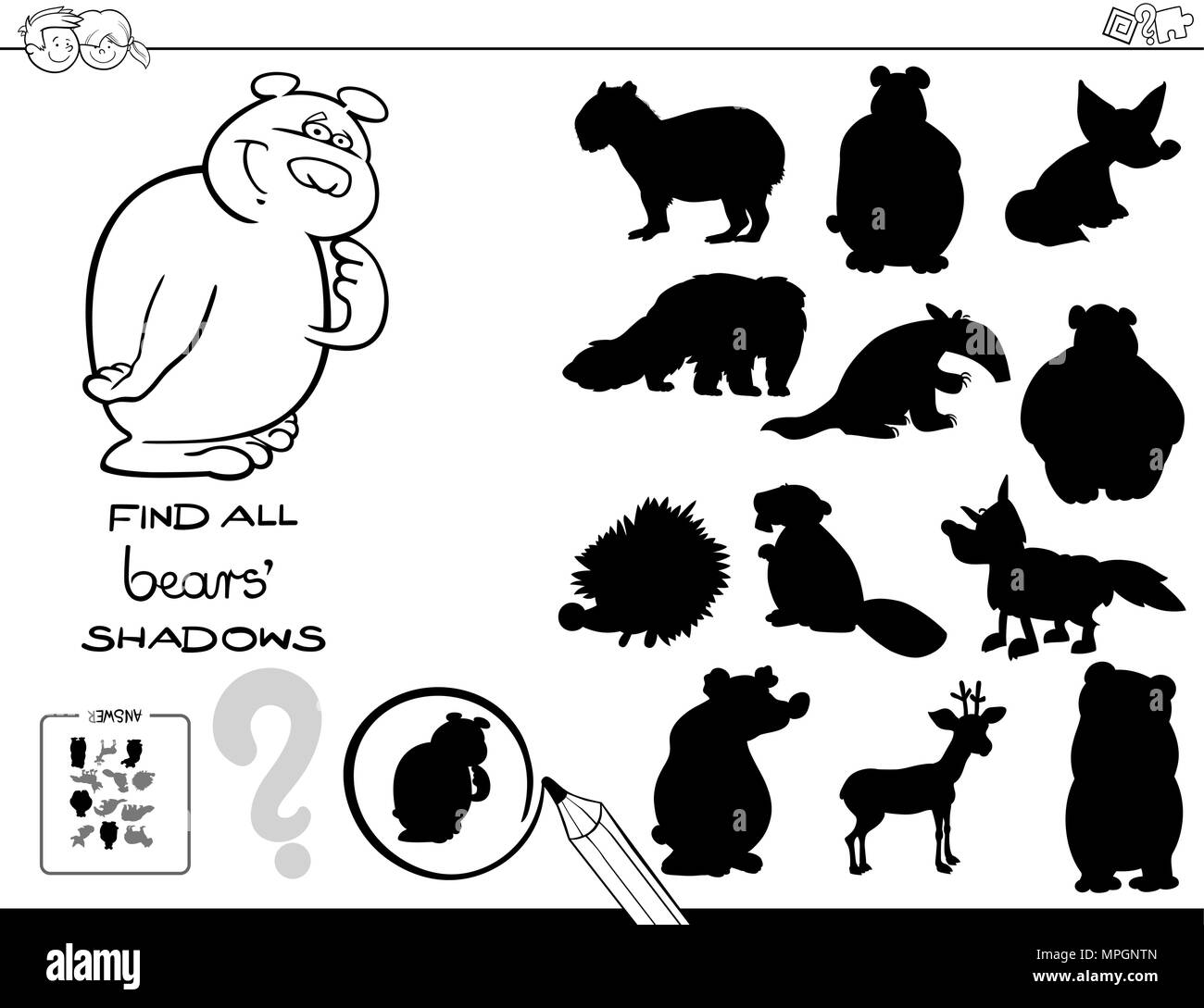 Bianco e Nero Cartoon illustrazione di trovare tutte le ombre appoggia le attività educative per i bambini Libro da colorare Illustrazione Vettoriale