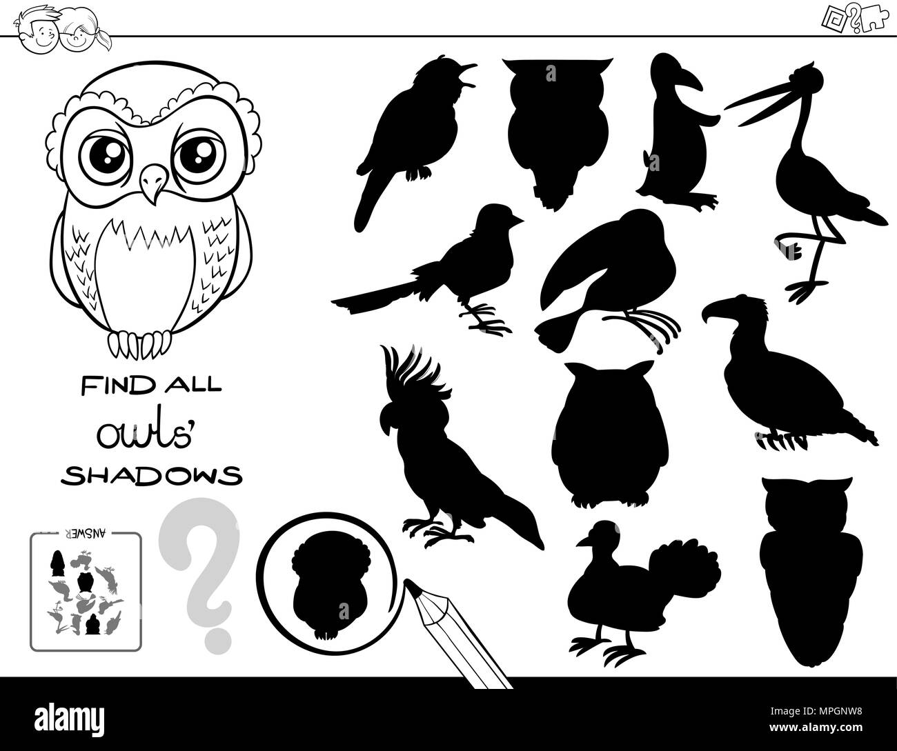 Bianco e Nero Cartoon illustrazione di trovare tutte le civette ombre attività educative per i bambini Libro da colorare Illustrazione Vettoriale