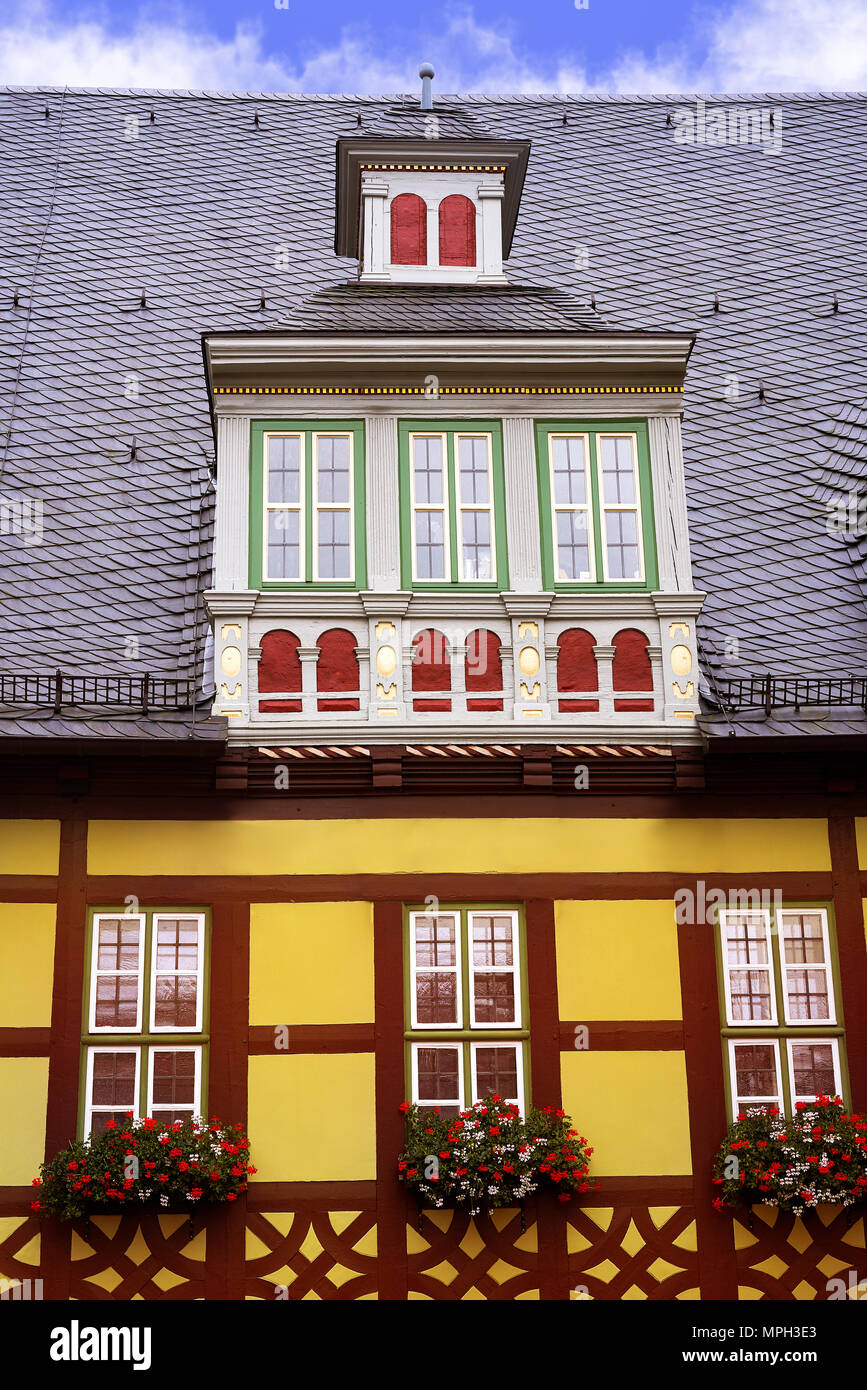 Wernigerode facciate in Harz in Germania Sassonia Anhalt Foto Stock