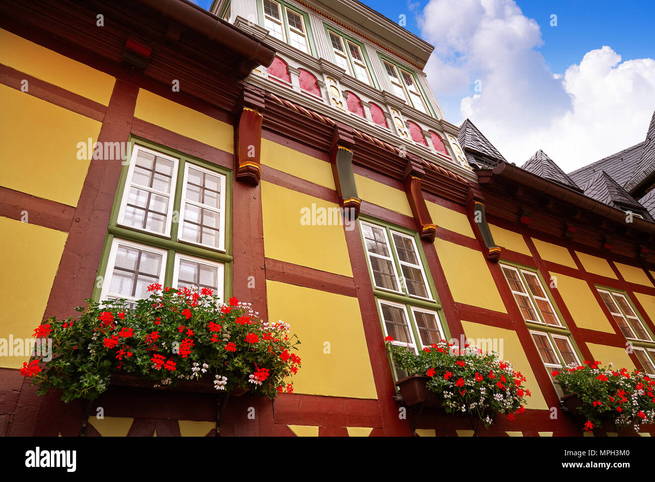 Wernigerode facciate in Harz in Germania Sassonia Anhalt Foto Stock