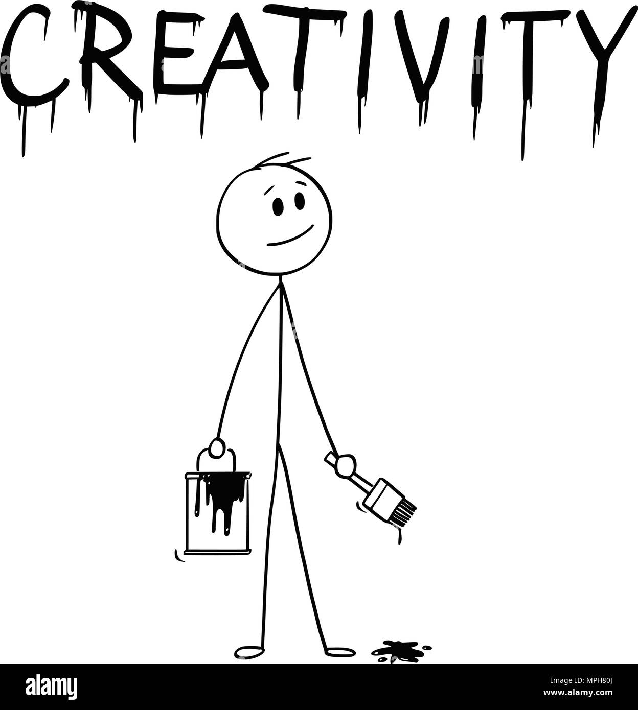 Cartoon di imprenditore con pennello e vernice può pittura la parola creatività Illustrazione Vettoriale