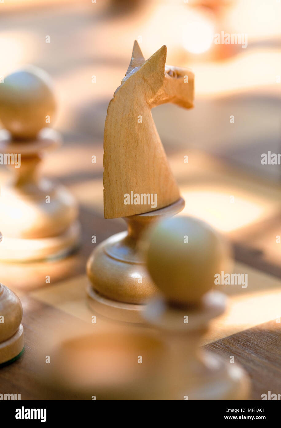 Partita a scacchi con il fuoco selettivo sul cavallo. Foto Stock