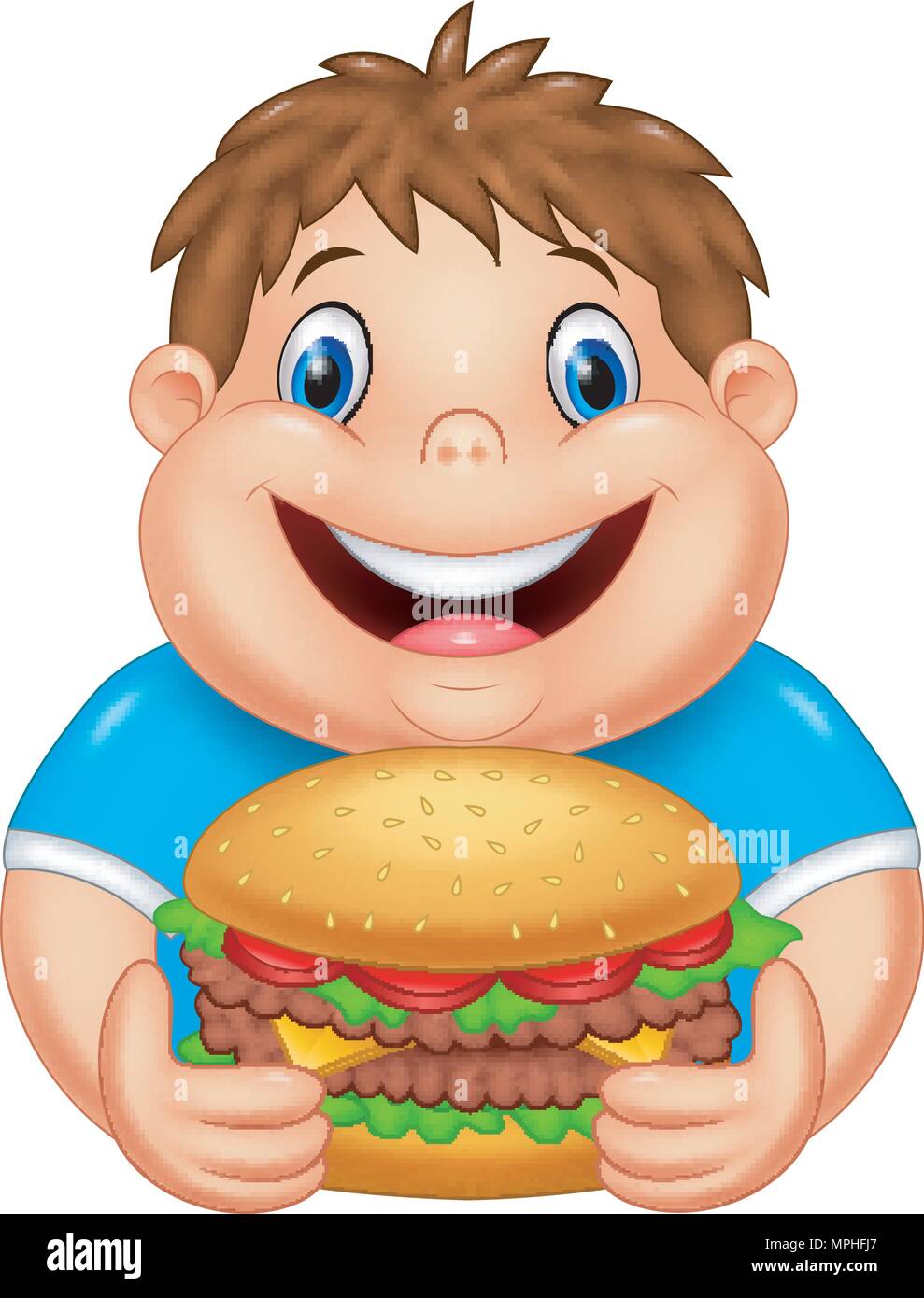 Cartoon fat boy mangiare hamburger di grandi dimensioni Illustrazione Vettoriale