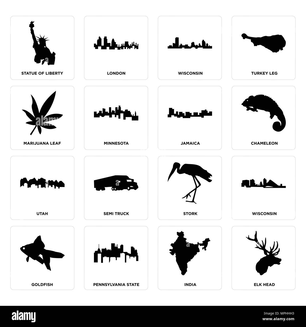 Set di 16 semplici icone modificabile come testa di alce, India, dello stato della Pennsylvania, goldfish, Wisconsin, statua della libertà, foglia di marijuana, Utah, Giamaica può Illustrazione Vettoriale