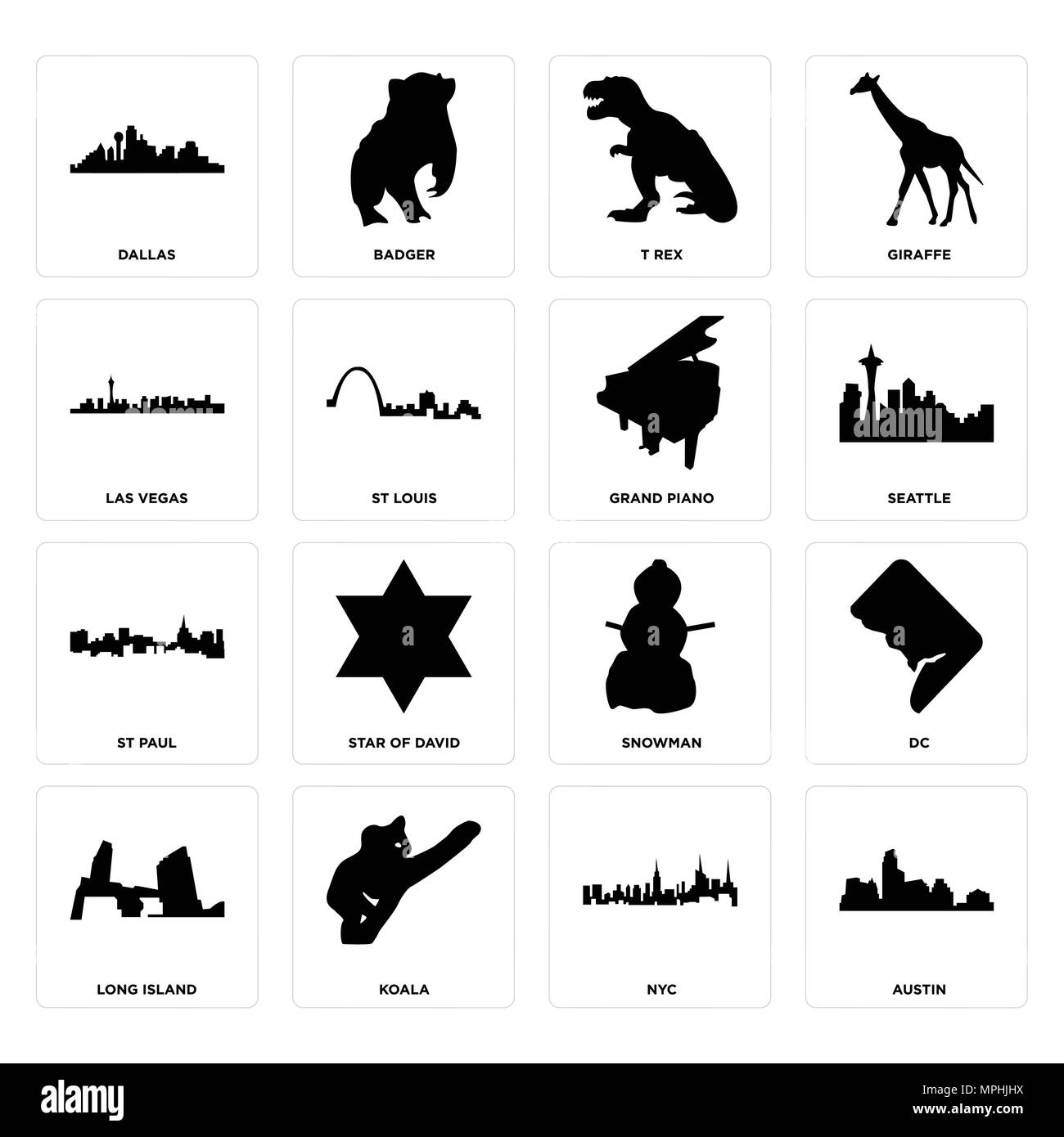 Set di 16 semplici icone modificabile come austin, NYC, koala, long island, dc, dallas, las vegas, san Paolo, un pianoforte può essere utilizzato per il mobile, l'interfaccia utente web Illustrazione Vettoriale