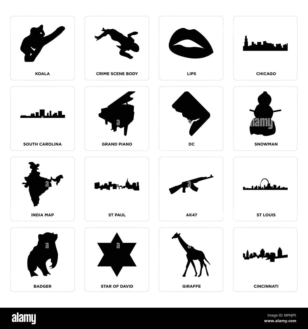 Set di 16 semplici icone modificabile come cincinnati, giraffe, stella di Davide, badger, st louis, koala, Carolina del Sud India mappa, dc può essere usata per mob Illustrazione Vettoriale