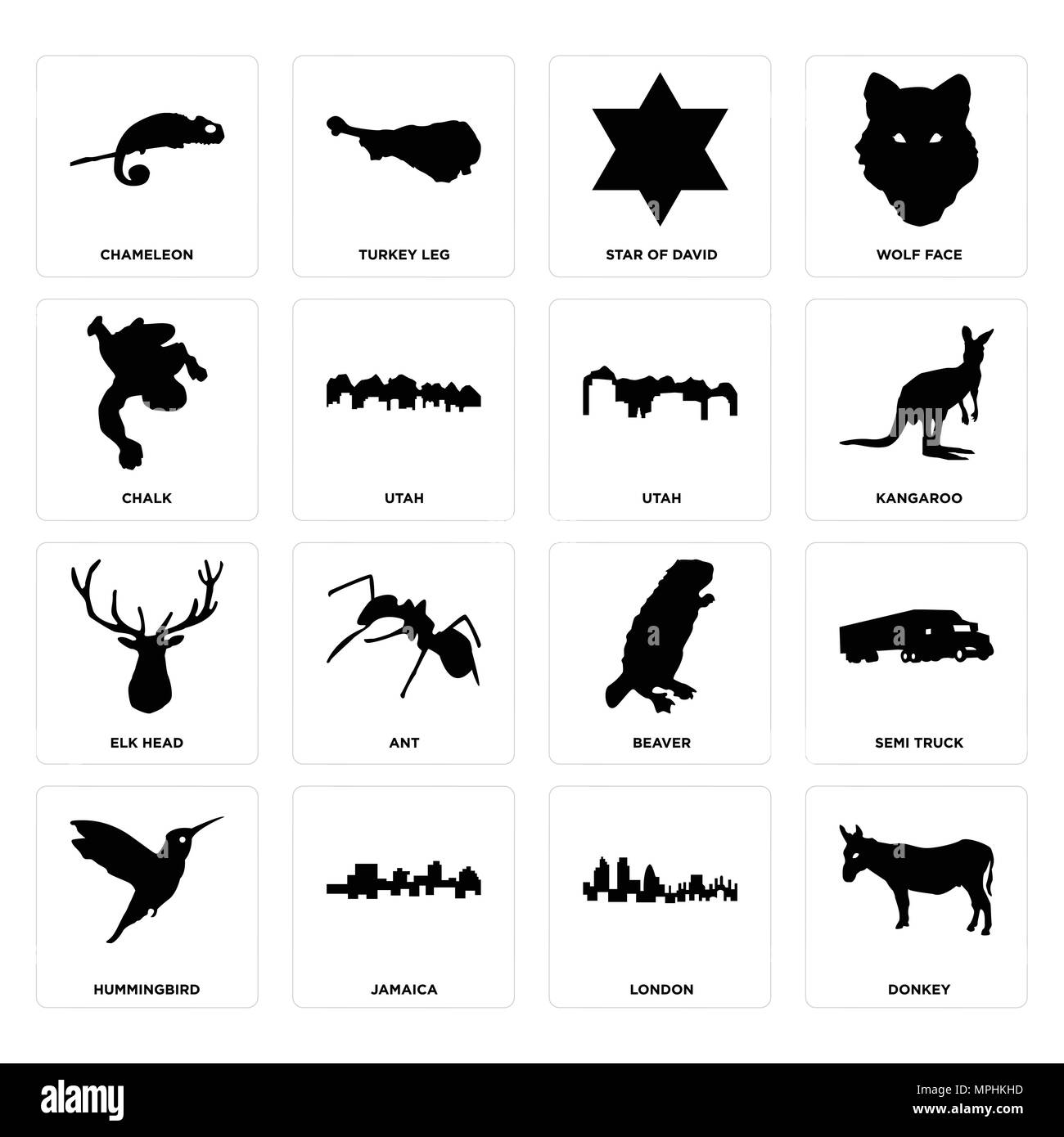 Set di 16 semplici icone modificabile come asino, Londra, Giamaica, Hummingbird, semi carrello, chameleon, gesso, testa di alce, Utah può essere utilizzato per il mobile, web Illustrazione Vettoriale