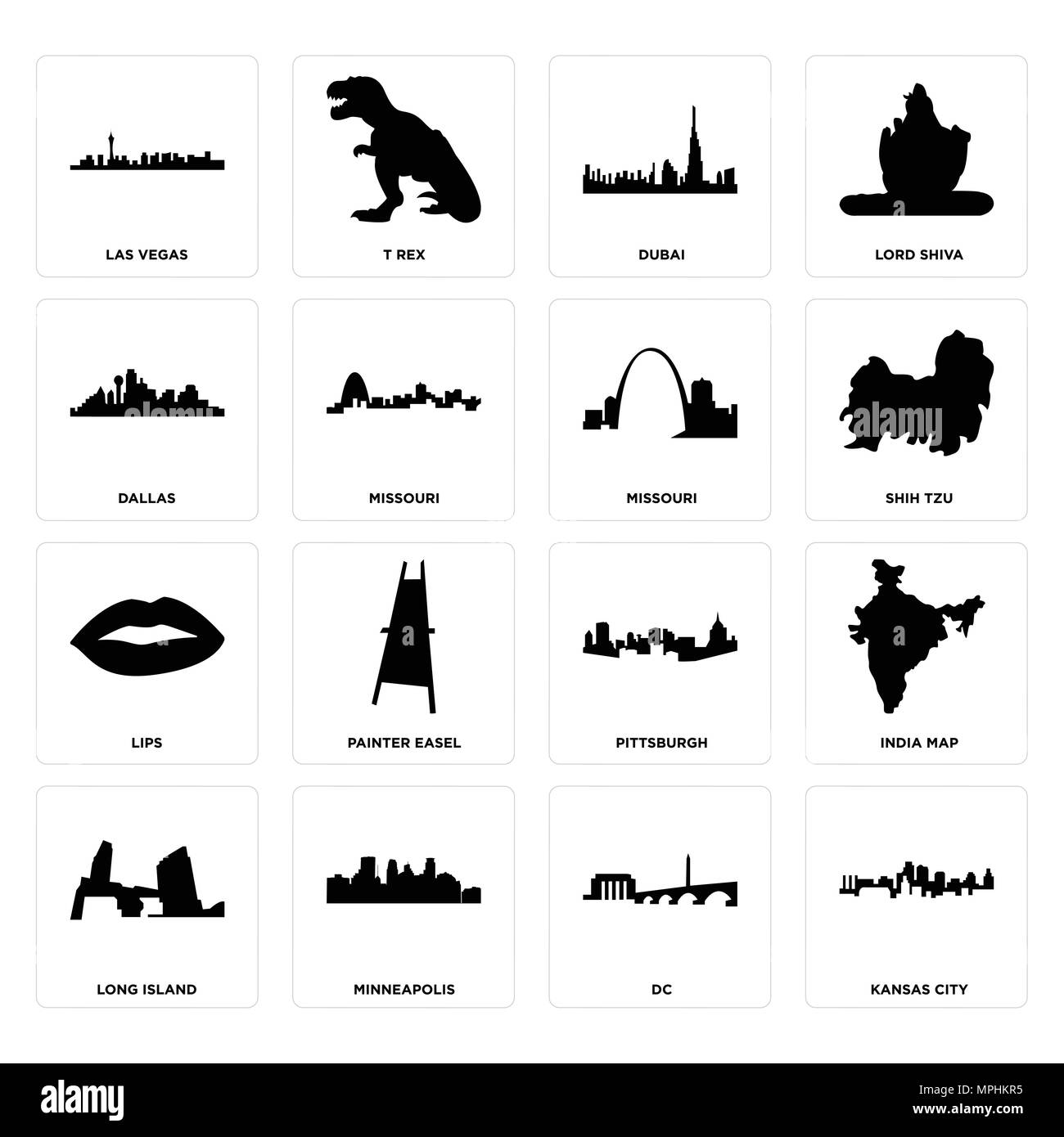 Set di 16 semplici icone modificabile come kansas city, dc, Minneapolis, long island, india mappa, las vegas, dallas, labbra, Missouri possono essere utilizzati per la telefonia mobile Illustrazione Vettoriale