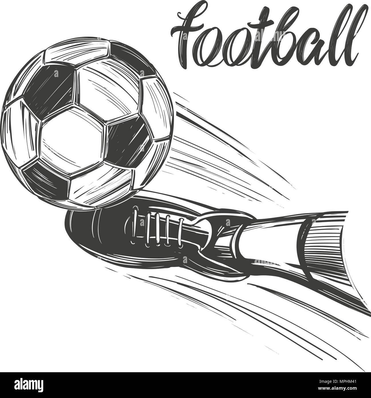 Calcio, calcio, sport gioco, testo calligrafico, emblema di segno, disegnati a mano illustrazione vettoriale schizzo Illustrazione Vettoriale