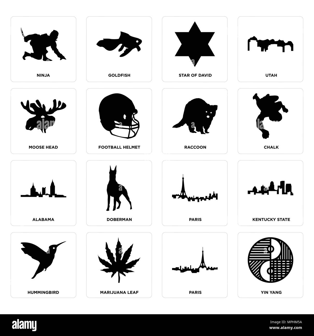 Set di 16 semplici icone modificabile come yin yang, Parigi, foglia di marijuana, Hummingbird, Stato del Kentucky, ninja, testa di alce, Alabama, raccoon può essere utilizzato Illustrazione Vettoriale