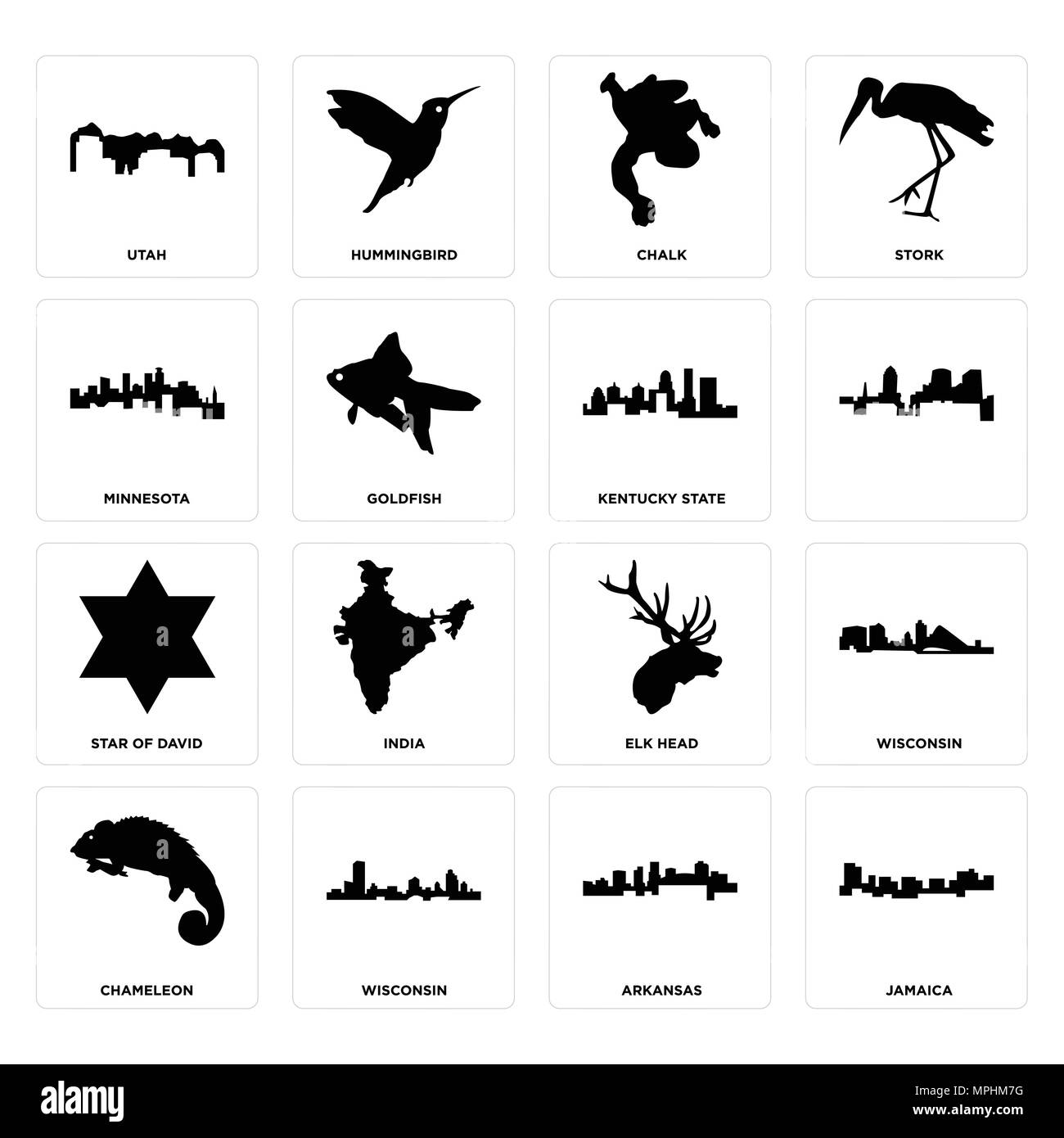 Set di 16 semplici icone modificabile come Giamaica, Arkansas, Wisconsin, chameleon, Utah, minnesota, stella di Davide, kentucky state può essere utilizzato per il mobile Illustrazione Vettoriale