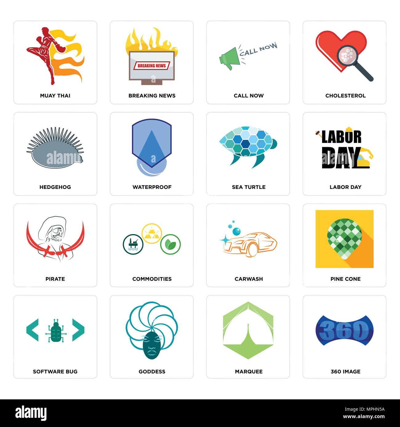 Set di 16 semplici icone modificabile come immagine 360, marquee dea, bug del software, Pigna, il muay thai, riccio, pirata, tartarughe di mare può essere utilizzata per Illustrazione Vettoriale