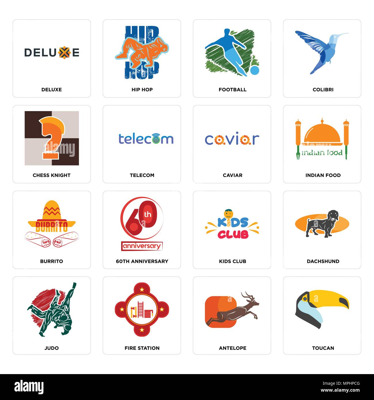 Set di 16 semplici icone modificabili quali toucan, antilopi, la stazione dei vigili del fuoco, judo, bassotto, deluxe, scacchi knight, burrito, caviale può essere utilizzato per il mobile, Illustrazione Vettoriale