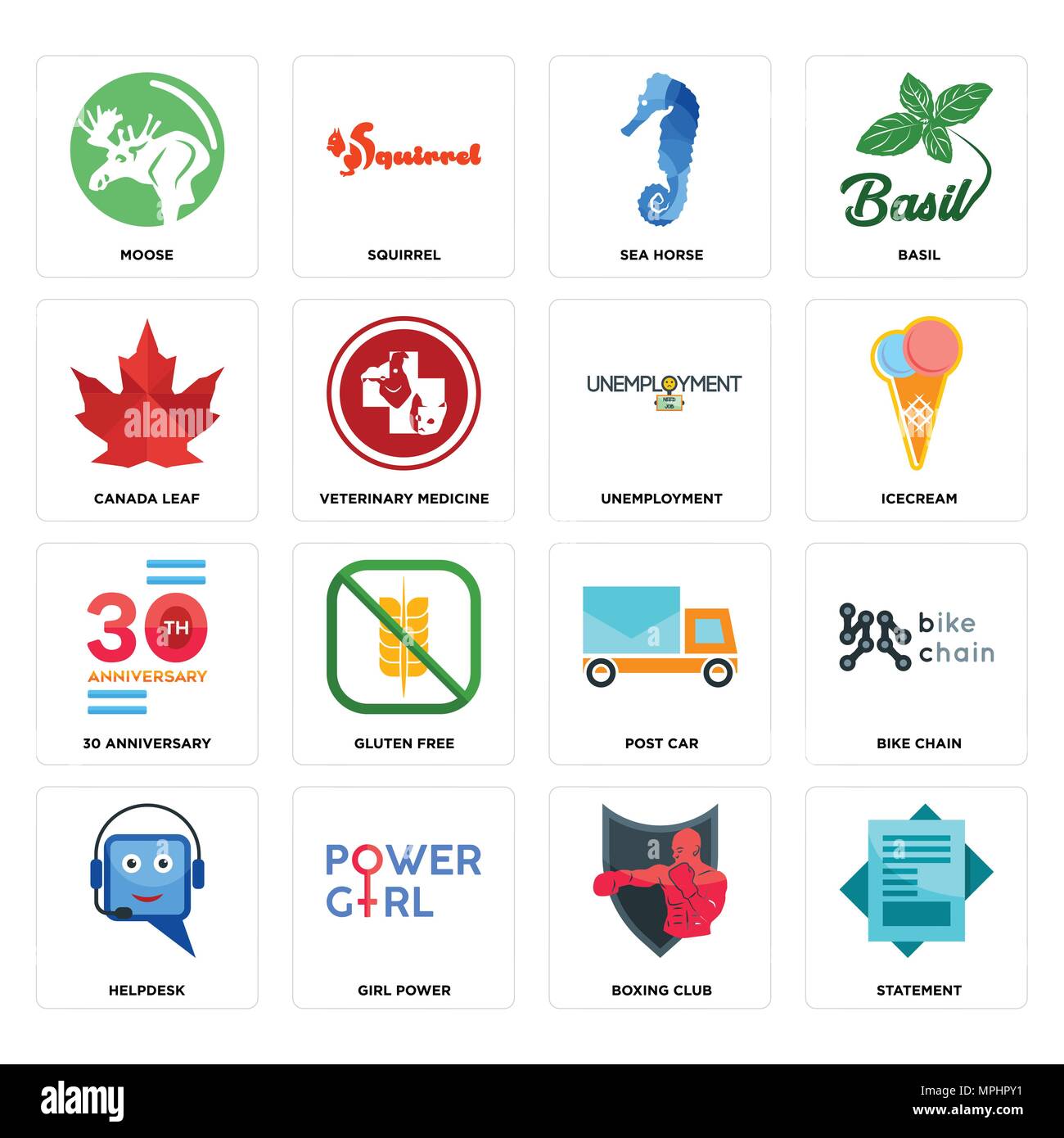 Set di 16 semplici icone modificabile come dichiarazione, boxing club, girl power, helpdesk, catena di bicicletta, alci, canada foglia, 30 anniversario, la disoccupazione è in grado di Illustrazione Vettoriale