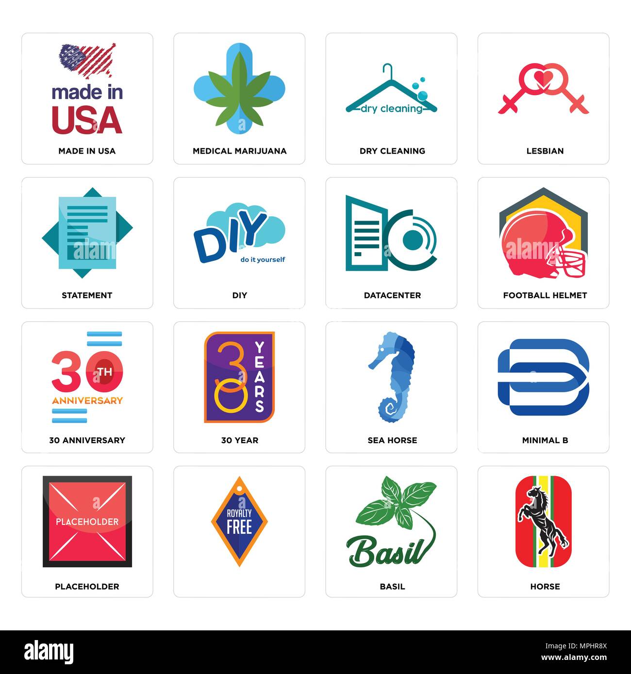 Set di 16 semplici icone modificabile come cavallo, basilico, , segnaposto, minimo b, made in USA, Dichiarazione 30 anniversario, il data center può essere utilizzato per mob Illustrazione Vettoriale