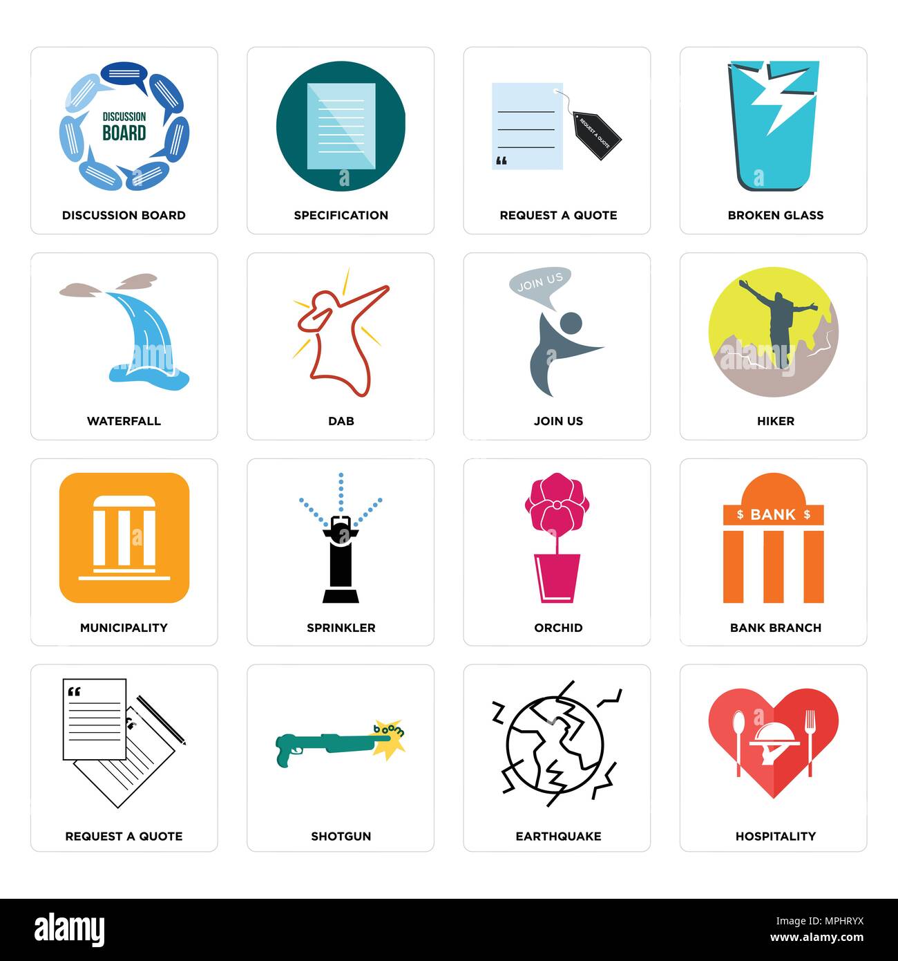Set di 16 semplici icone modificabile come ospitalità, terremoto, fucile, richiedi un preventivo, filiale di banca, forum di discussione, cascata, comune, joi Illustrazione Vettoriale