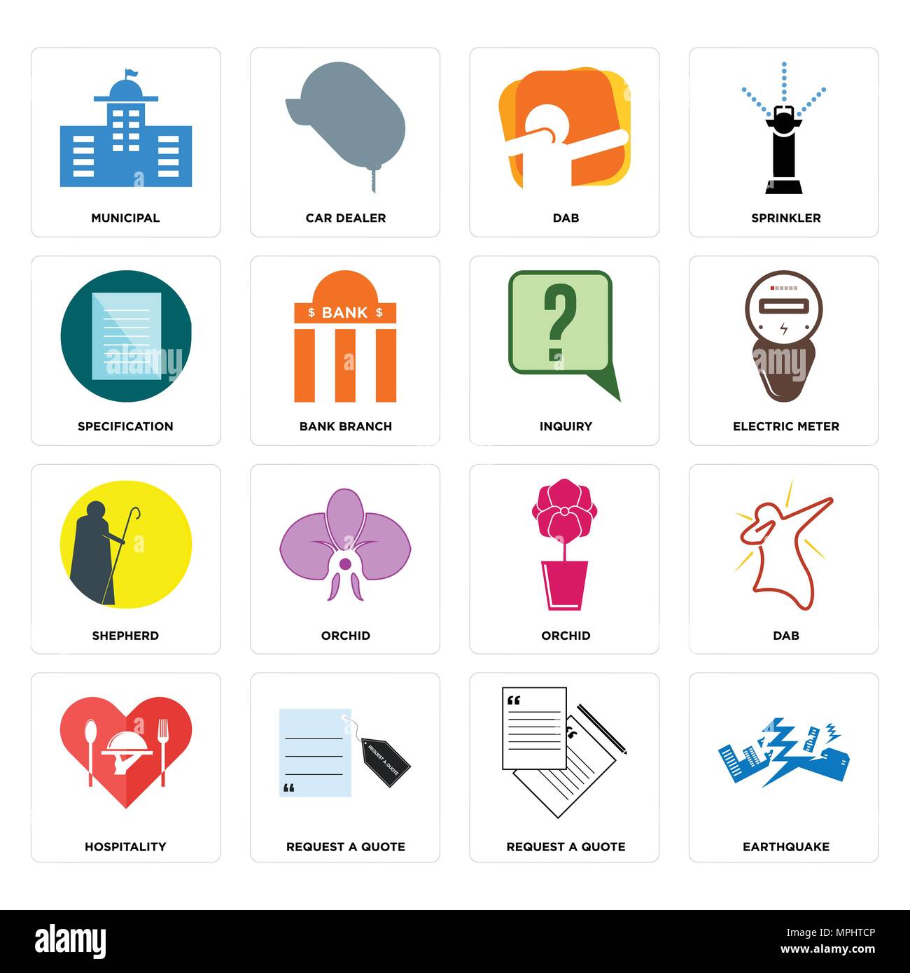 Set di 16 semplici icone modificabili come il terremoto, richiedi un preventivo, ospitalità, dab, municipale, specifica, pastore, indagine può essere usata per mob Illustrazione Vettoriale