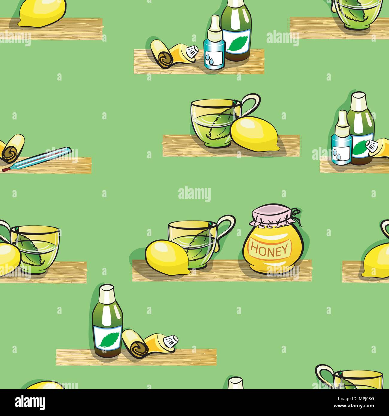 Illustrazione di tè alle erbe, limone, termometro, miele, medicina, Tosse Sciroppo e unguento in un tubo . per raffreddori. Modello senza giunture. Illustrazione Vettoriale