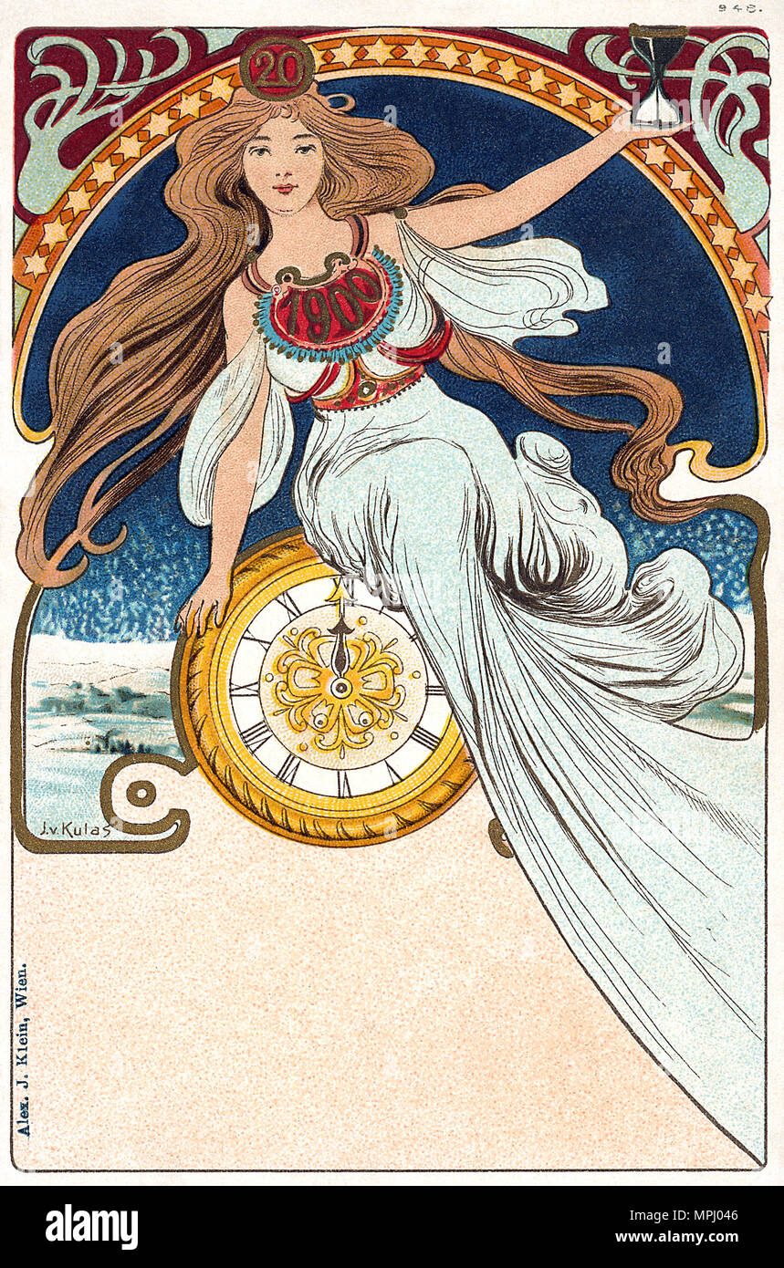 Nuovo anno 1900. Vintage art nouveau cartolina illustrata dalla filiale comune Kulas. Foto Stock